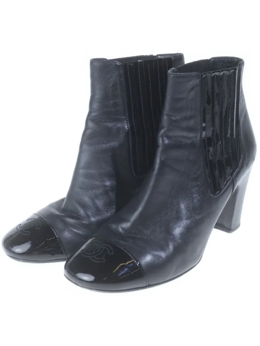 Chanel CC Logo Patent Leather Cap Toe Ankle Boots Black